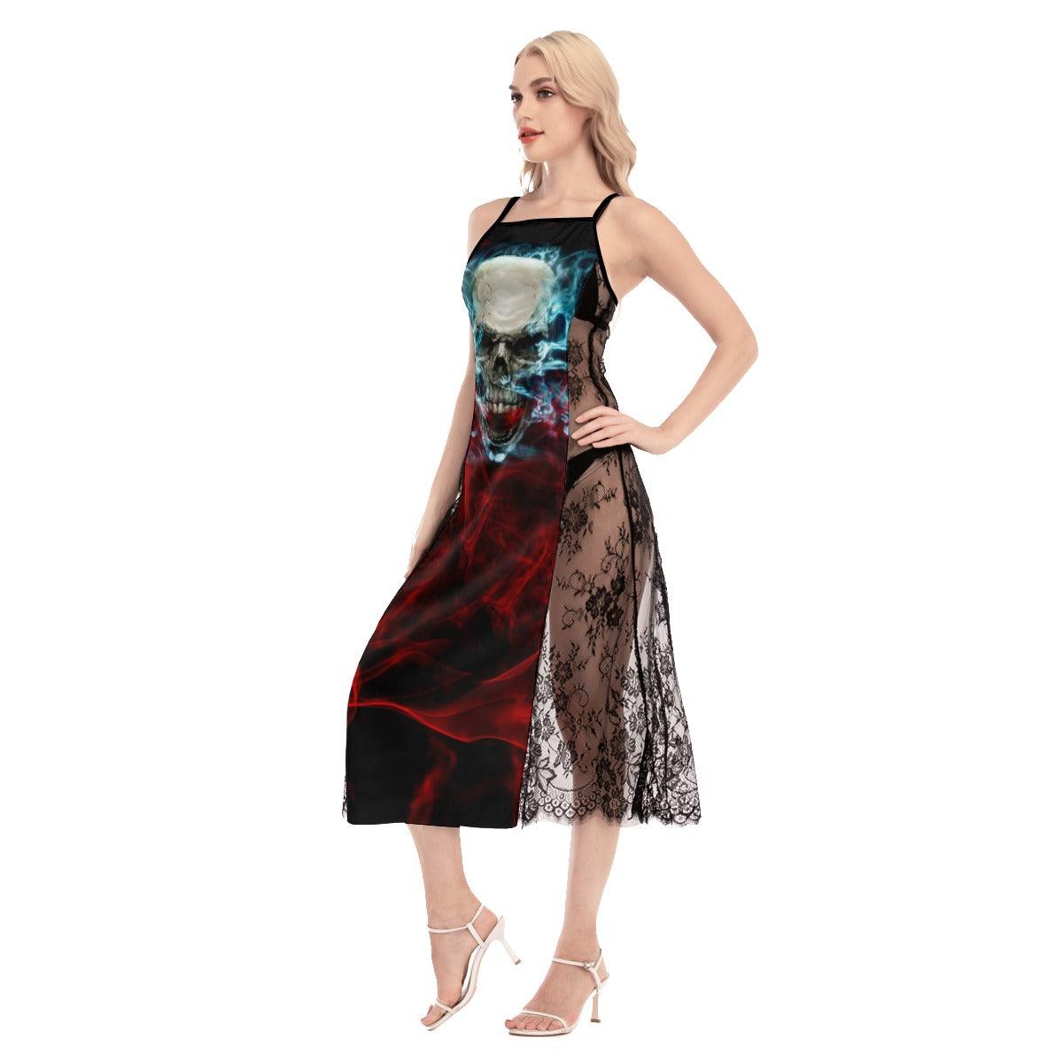 Hot Gothisc Skull Red Blue Lace Cami Cross Back Women Dress - Wonder Skull