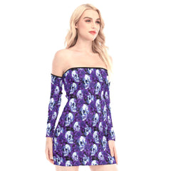 Purple Flower Skull Off-shoulder Back Lace-up Dress - Wonder Skull