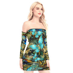 Blue Gold Butterflies Off-shoulder Back Lace-up Dress - Wonder Skull