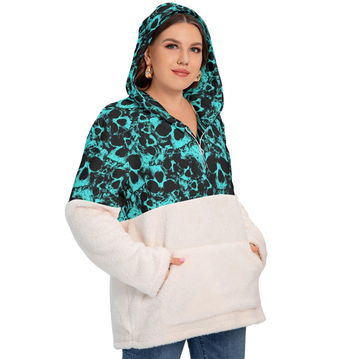 Green Skull Women's Borg Fleece Hoodie With Half Zip - Wonder Skull