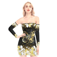 Gold Flowers Butterfly Off-shoulder Back Lace-up Dress - Wonder Skull