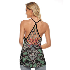 Skull Rose Thorn Artwork Criss-Cross Open Back Tank Top, Coolest T-Shirt For Women - Wonder Skull