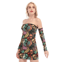 Skull Pattern Off-shoulder Back Lace-up Dress. - Wonder Skull