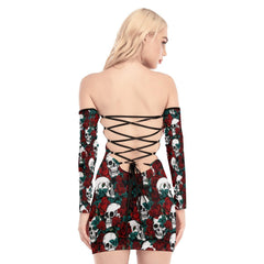 Skull Sugar Rose Pattern Off-shoulder Back Lace-up Dress - Wonder Skull