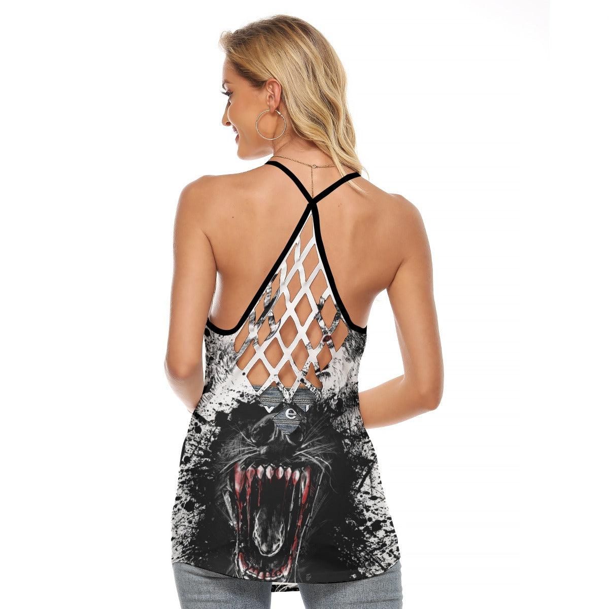 Wolves Wholling Criss-Cross Open Back Tank Top, Hot T-Shirt For Women - Wonder Skull