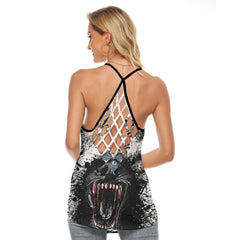 Wolves Wholling Criss-Cross Open Back Tank Top, Hot T-Shirt For Women - Wonder Skull