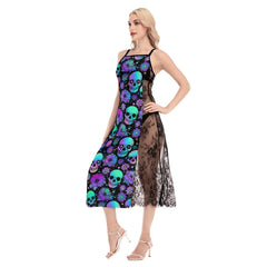 Colorful Gothic Skull Pattern Lace Cami Cross Back Women Dress - Wonder Skull