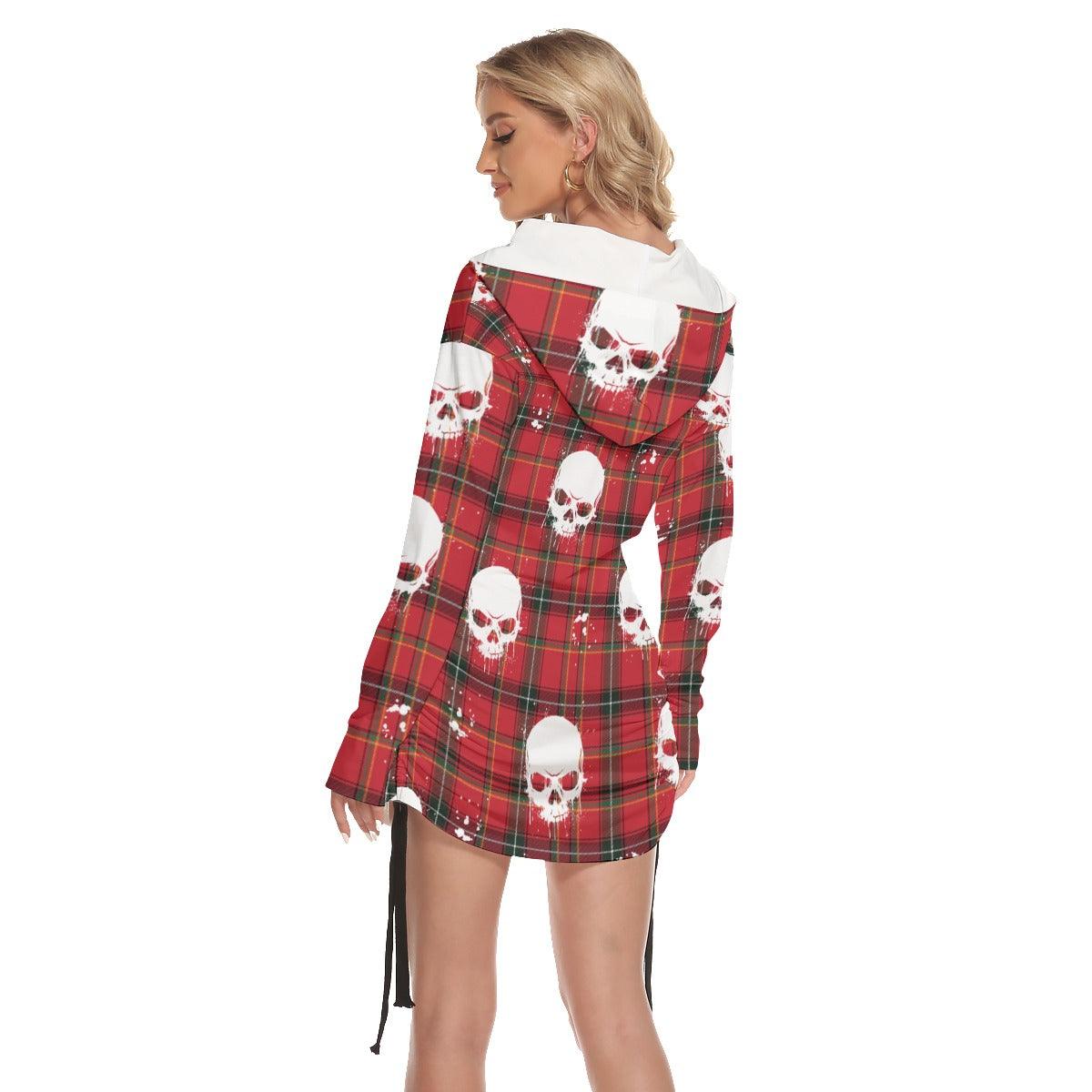 Christmas Red White Water Skull Print Open Shoulder Dress - Wonder Skull