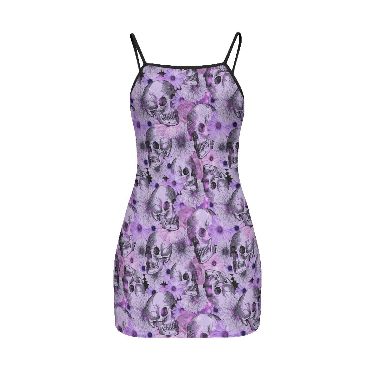 Purple White Skull Daisy Printed Body Dress, Naughty Sleeveless Minidress For Women-Wonder Skull
