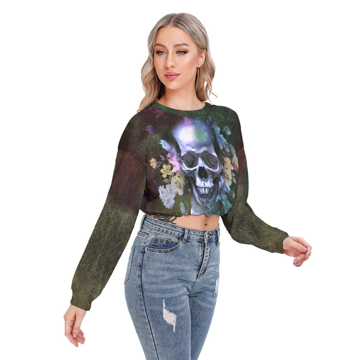 Skull Flower Long Sleeve Sweatshirt With Hem Drawstring - Wonder Skull