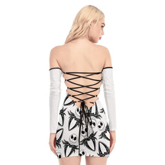 Nightmare J Pattern Off-shoulder Back Lace-up Dress - Wonder Skull