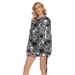 Halloween Skull Bat All-Over Print Women One Shoulder Dress With Waist Shirring, Hot Long Hoodie For Women - Wonder Skull