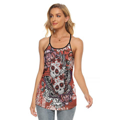 Orange Red Sugar Skull Butterfly Criss-Cross Open Back Tank Top, Coolest T-Shirt For Women - Wonder Skull