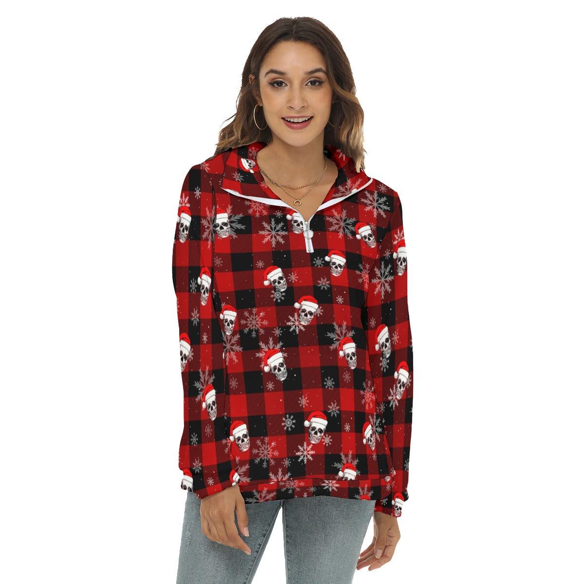 Skull Buffalo Plaid Borg Fleece Sweatshirt With Half Zip - Wonder Skull