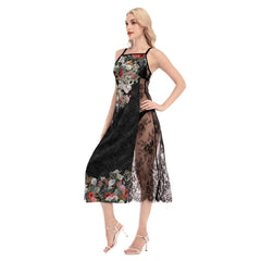 Hot Skull Flower Gothic Lace Cami Cross Back Women Dress - Wonder Skull