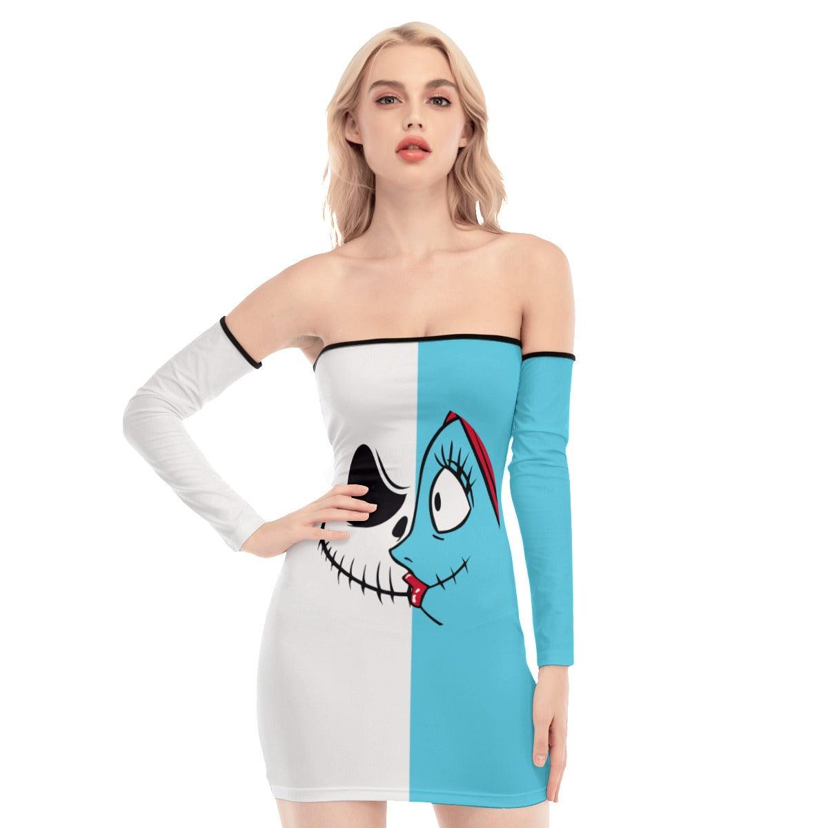Nightmare Half Blue Half White Off-shoulder Back Lace-up Dress - Wonder Skull