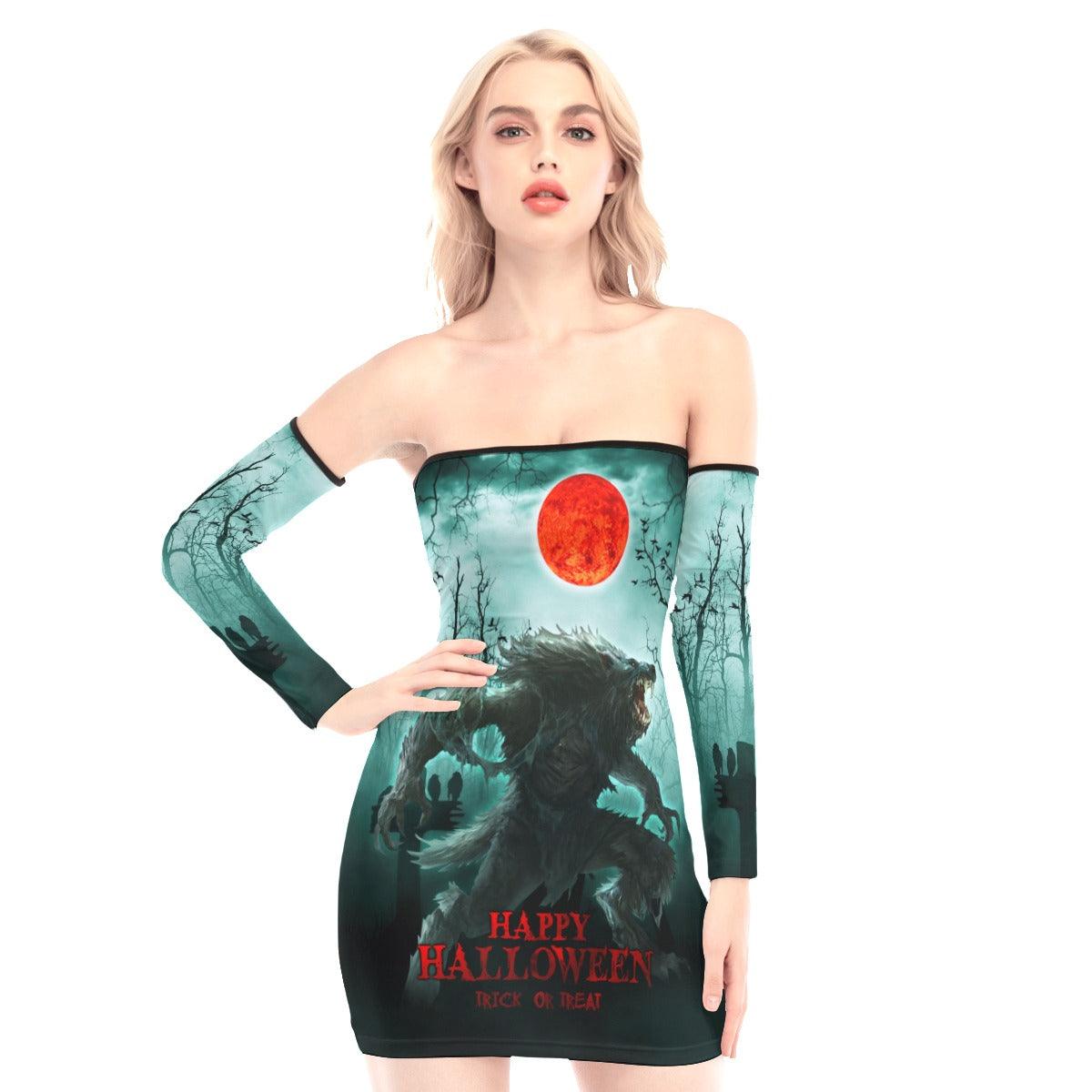 Happy Halloween Wolf Off-shoulder Back Lace-up Dress - Wonder Skull