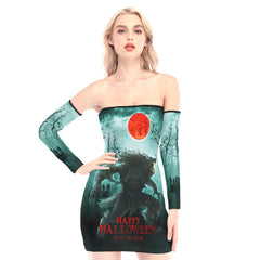 Happy Halloween Wolf Off-shoulder Back Lace-up Dress - Wonder Skull