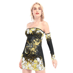 Gold Flowers Butterfly Off-shoulder Back Lace-up Dress - Wonder Skull