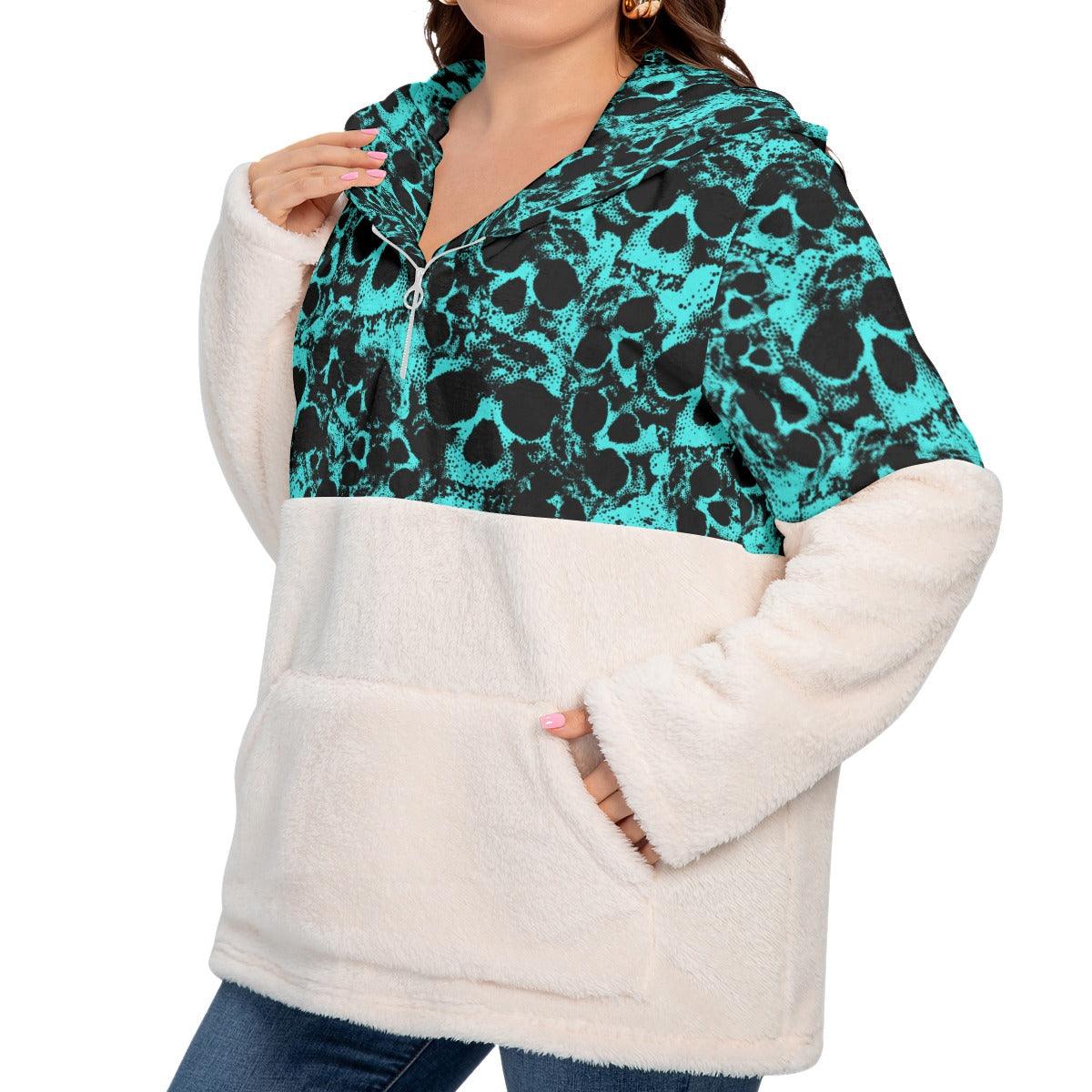Green Skull Women's Borg Fleece Hoodie With Half Zip - Wonder Skull