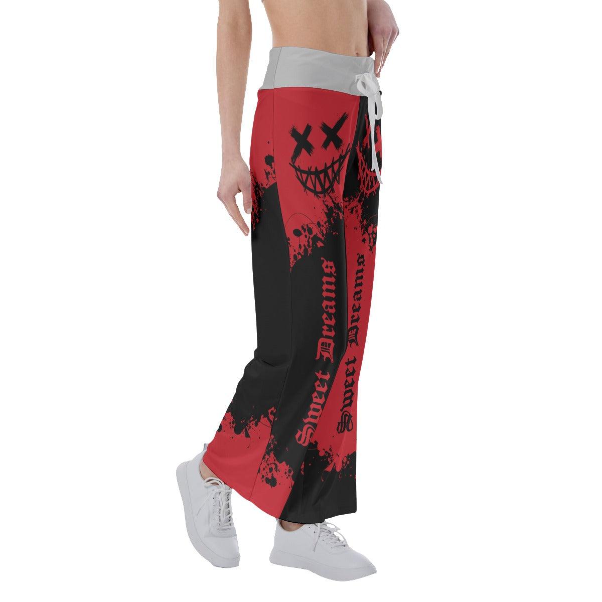 Sweet Dream Half Red Black High-waisted Wide Leg Pants - Wonder Skull