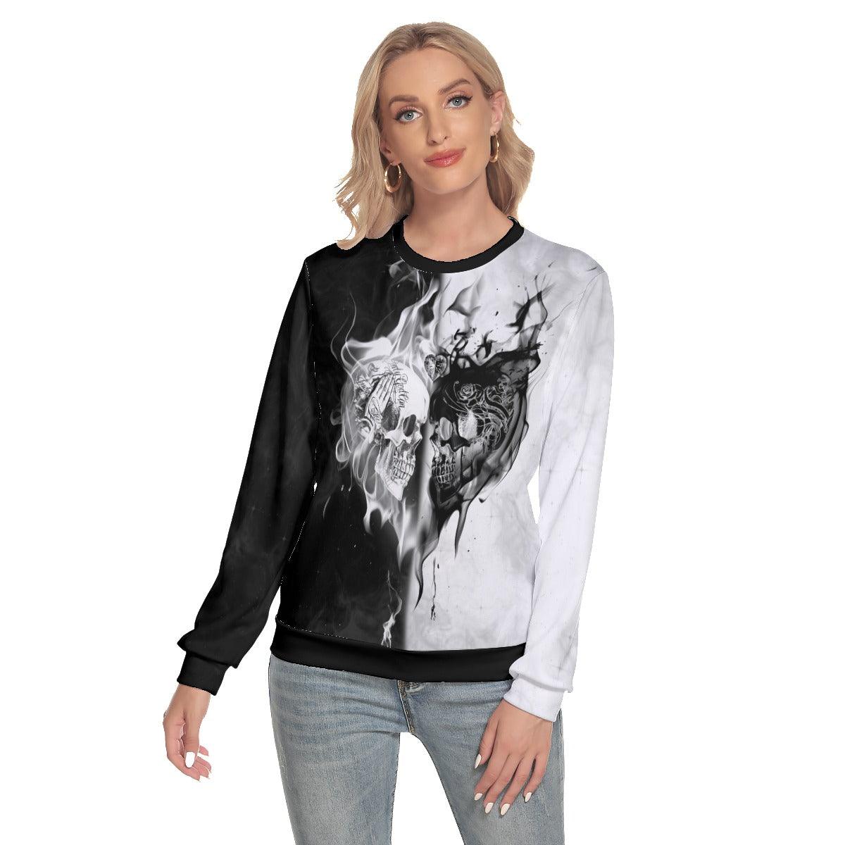 Flaming Skull Heart Slim Round Neck Sweatshirt - Wonder Skull