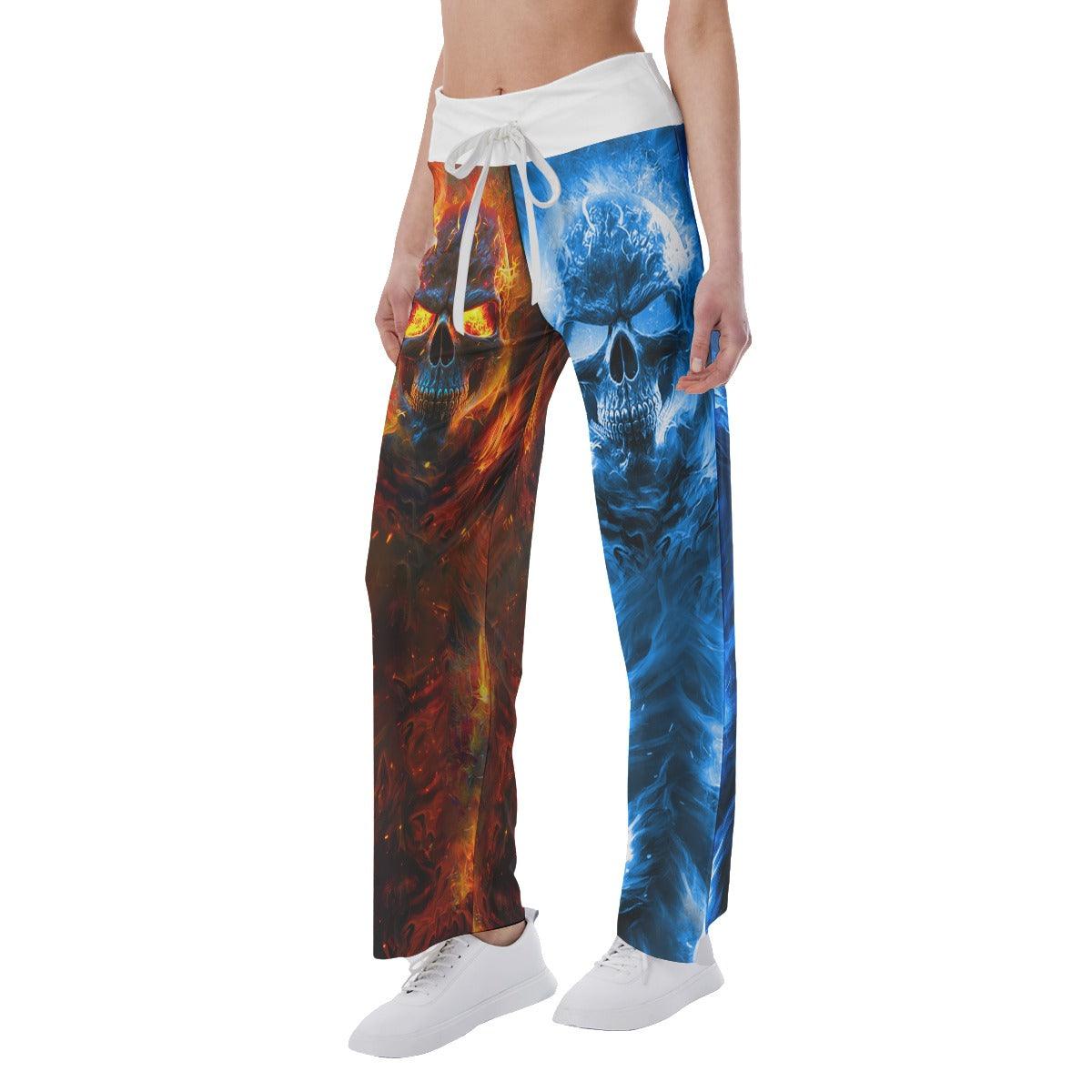 Orange Blue Color Block Skull High-waisted Wide Leg Pants - Wonder Skull