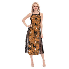 Halloween Witchy Moon All-Over Print Women Lace Cami Cross Back Dress, Gorgeous Nightgown - Wonder Skull