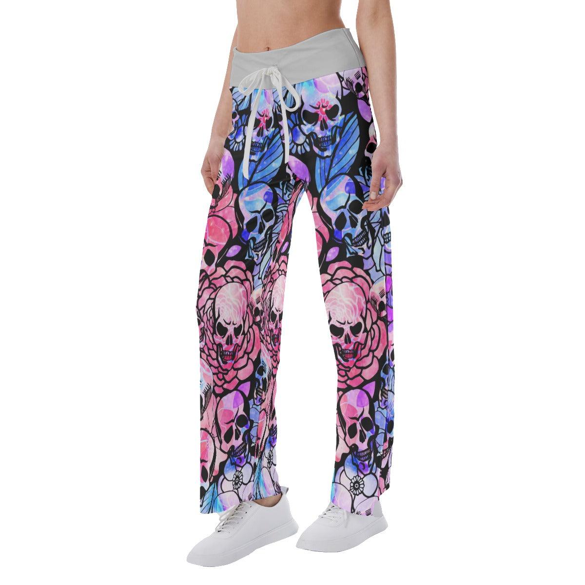 Skull Rose Pattern Pajama Pants Print Palazzo Lounge - Wonder Skull