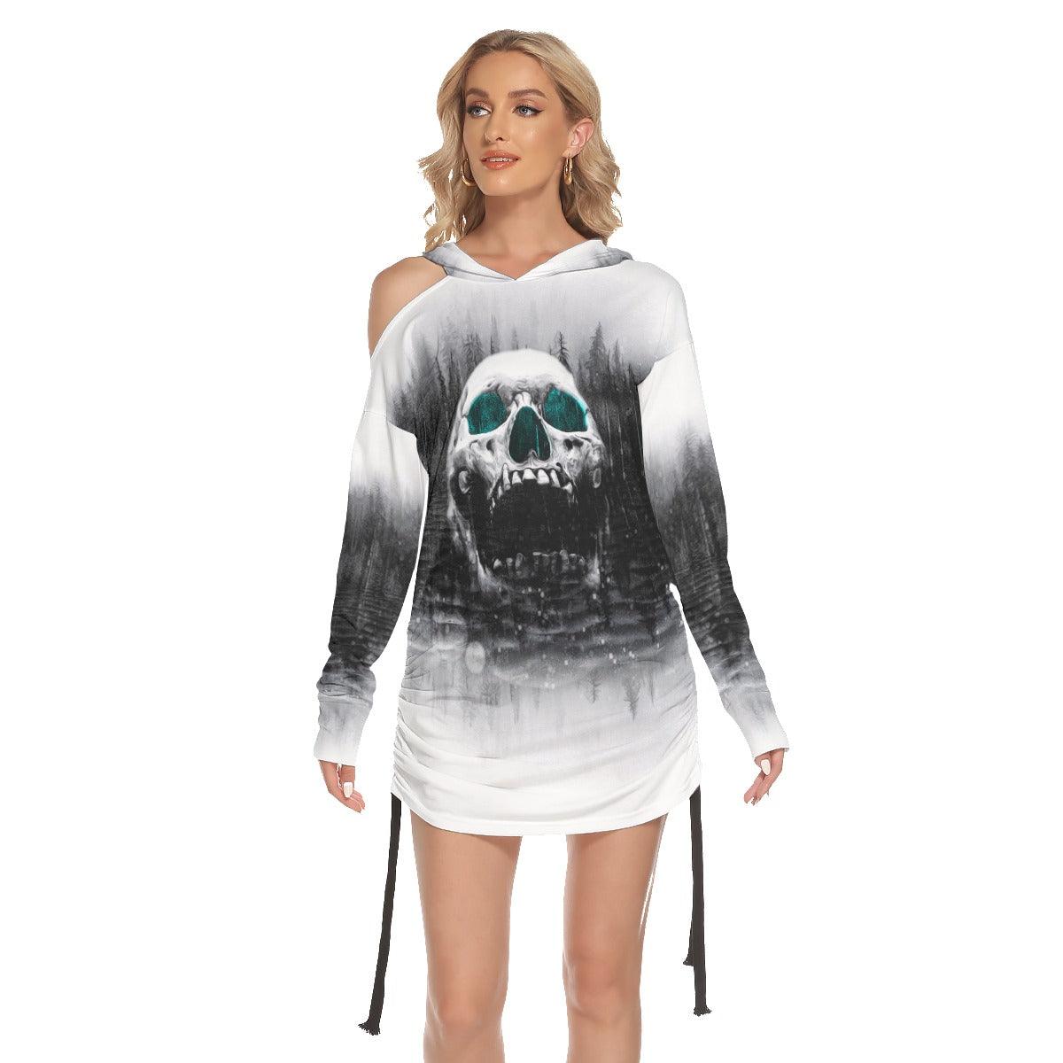 Black White Color Drawing Skull Print Open Shoulder Dress - Wonder Skull