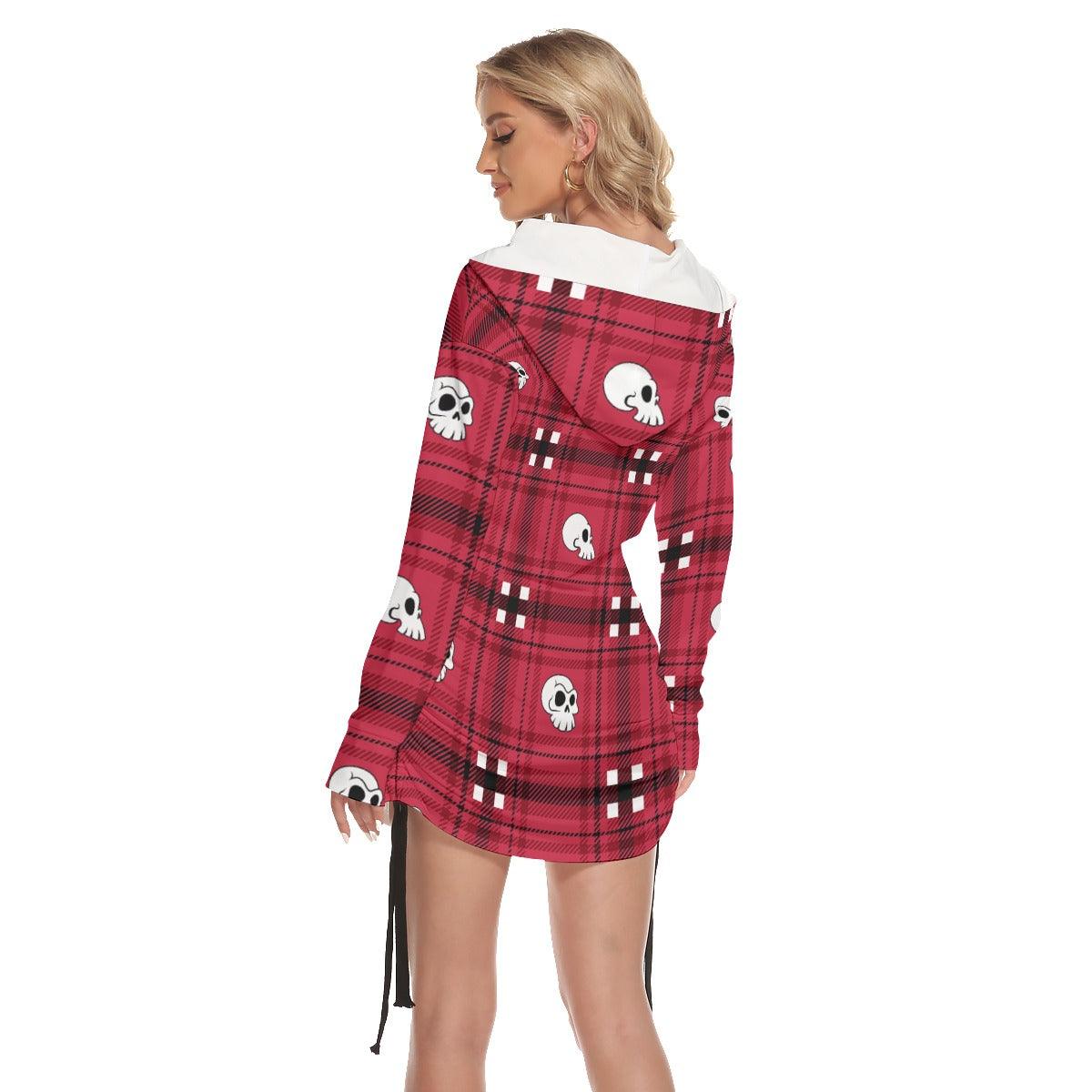 Christmas Red Black Skull Plaid Print Open Shoulder Dress - Wonder Skull