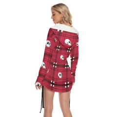 Christmas Red Black Skull Plaid Print Open Shoulder Dress - Wonder Skull