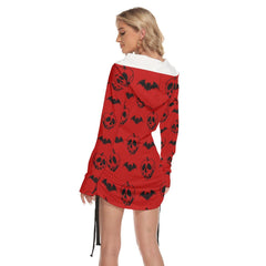 Red Bat Skull All Over Print Women One Shoulder Dress With Waist Shirring, Long Hoodie For Women - Wonder Skull