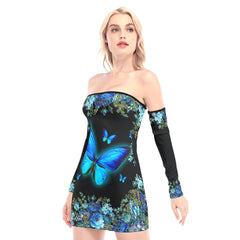 Glowing Blue Butterfly Off-shoulder Back Lace-up Dress - Wonder Skull