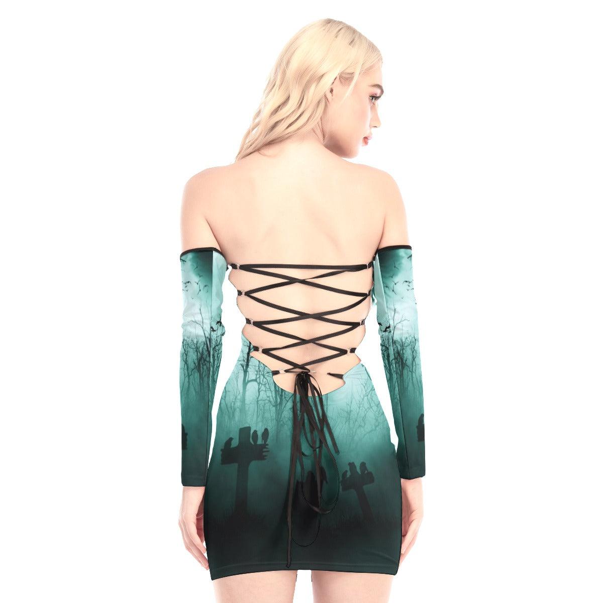 Happy Halloween Wolf Off-shoulder Back Lace-up Dress - Wonder Skull