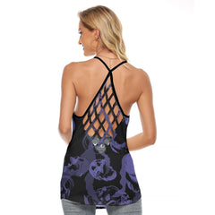 Purple Shadow Melting Skull Criss-Cross Open Back Tank Top, Trending T-Shirt For Women - Wonder Skull