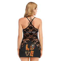Halloween Skull Love All-Over Print Women Black Lace Cami Dress, Slay Nightwear For Women - Wonder Skull