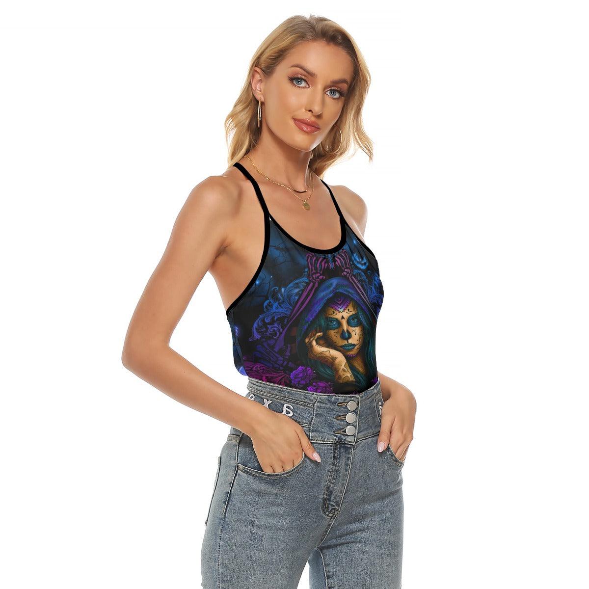 Halloween Sugar Girl Pumpkin Criss-Cross Open Back Tank Top, Hot T-Shirt For Women - Wonder Skull