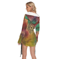 Vintage Wolf All Over Print Women One Shoulder Dress With Waist Shirring, Long Hoodie For Women - Wonder Skull