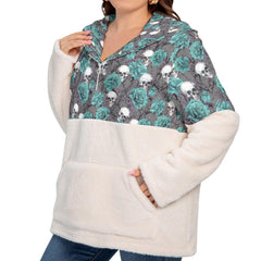 Green Skull With Rose Borg Fleece Hoodie With Half Zip - Wonder Skull