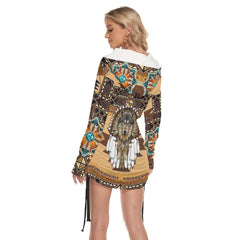 Tribe Wolf All Over Print Women One Shoulder Dress With Waist Shirring, Long Hoodie For Women - Wonder Skull