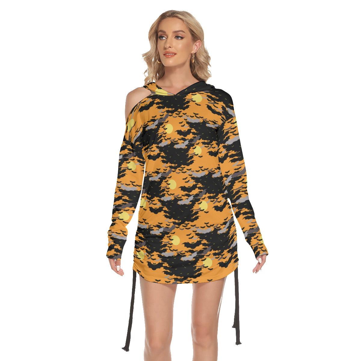 Halloween Bat Crowded All Over Print Women One Shoulder Dress With Waist Shirring, Long Hoodie For Women -Wonder Skull