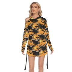 Halloween Bat Crowded All Over Print Women One Shoulder Dress With Waist Shirring, Long Hoodie For Women -Wonder Skull