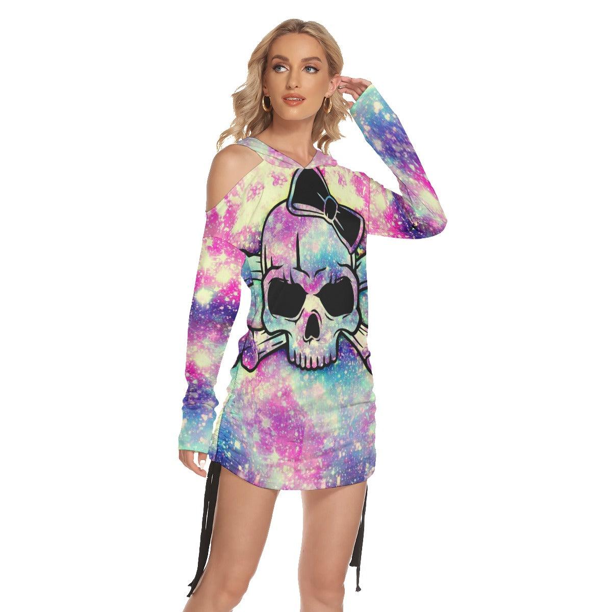 Christmas Rainbow Skull Print Open Shoulder Dress-Wonder Skull