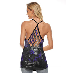Angel Skull Gothic Rose Criss-Cross Open Back Tank Top, Coolest T-Shirt For Women - Wonder Skull