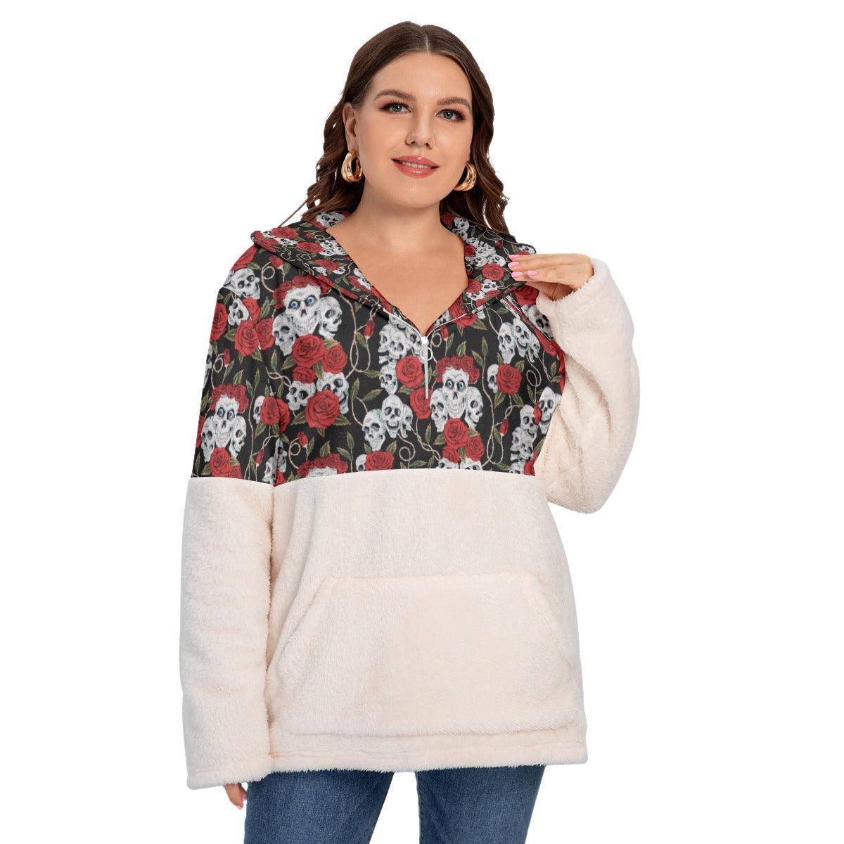 Skull With Rose Borg Fleece Hoodie With Half Zip - Wonder Skull