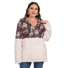 Skull With Rose Borg Fleece Hoodie With Half Zip - Wonder Skull