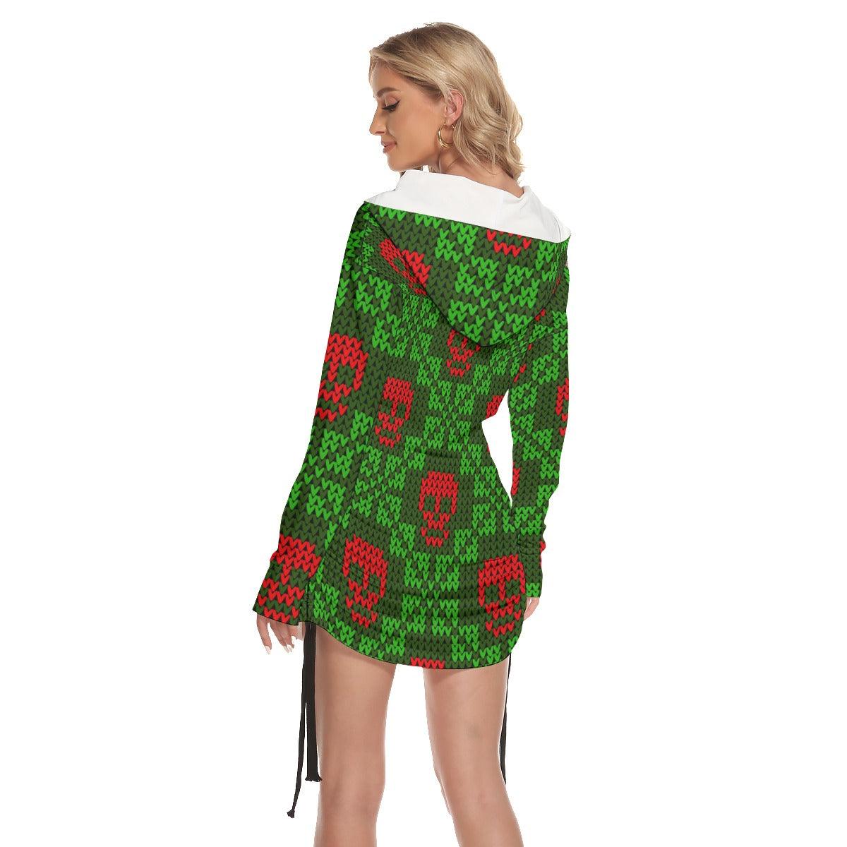 Christmas Green Red Skull Pattern Print Open Shoulder Dress - Wonder Skull