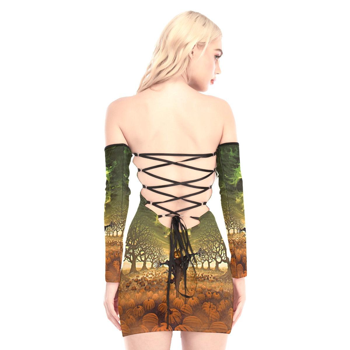 Halloween Skull Pumpkin Off-shoulder Back Lace-up Dress - Wonder Skull