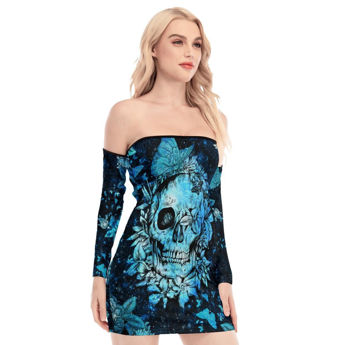 Skull Gothic Flower Blue Off-shoulder Back Lace-up Dress - Wonder Skull